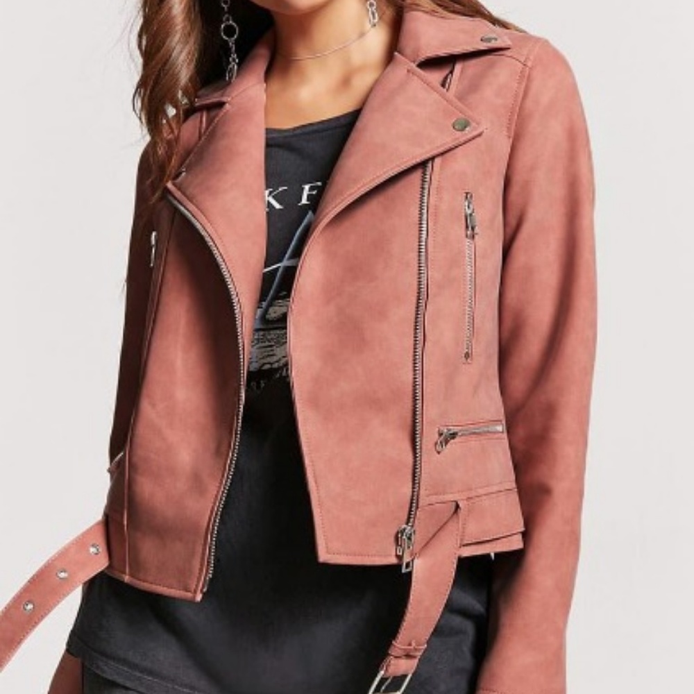 Faux Suede Moto Jacket Pink